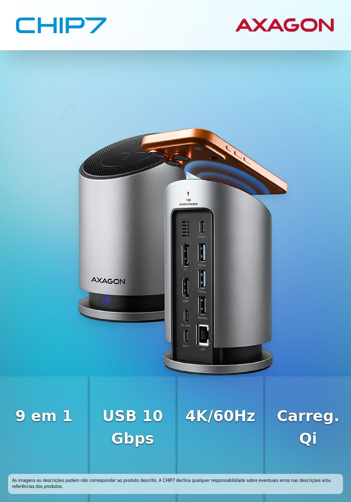 HUB AXAGON HMC-WL9 USB 10Gbps, Qi wireless charging, 3×USB-A, USB-C, HDMI & DisplayPort 4K/60Hz, RJ-45, PD 100W