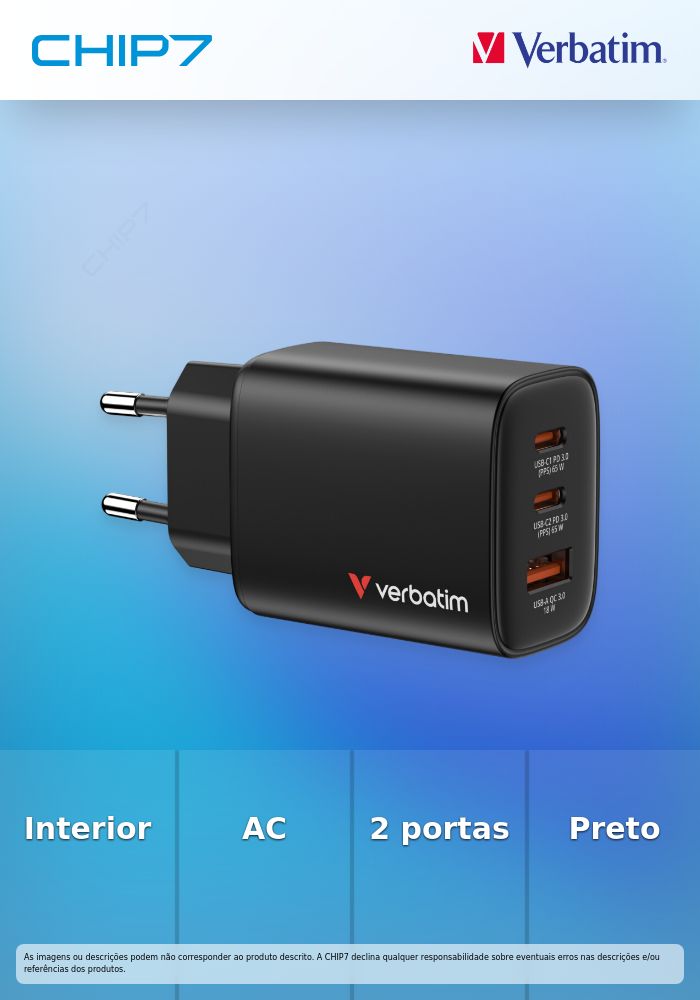 VERBATIM CARREGADOR GAN ESSENTIALS 65W 2xUSB-C 1xUSB-A QC 3.0 BLACK