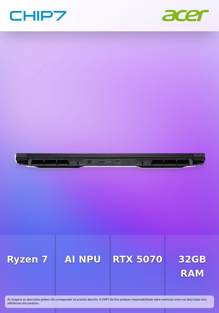 Portátil ACER Nitro V16 AI - AMD Ryzen 7 260 / NPU 16 TOPS / Nvidia Rtx 5070 8GB / 32GB DDR5 / 1TB SSD / 16