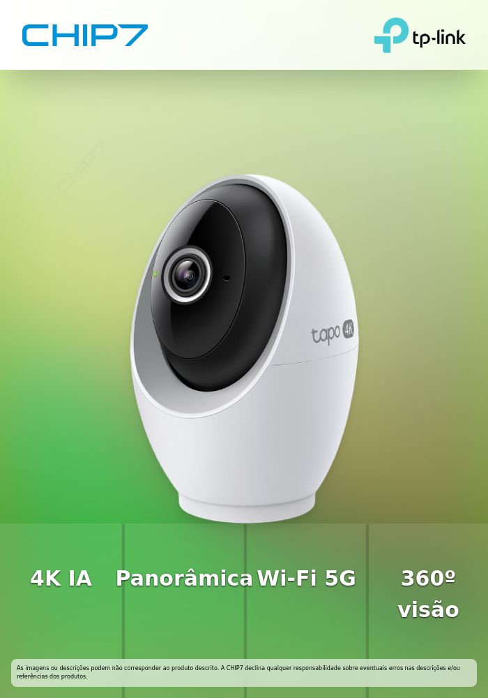 Câmara Wi-Fi de segurança doméstica com IA com panorâmica/inclinação, 4K 8 MP (3840 × 2160), 2,4 G/5 GHz, 360º horizontal  - válido até nova comunicação ou fim de stock