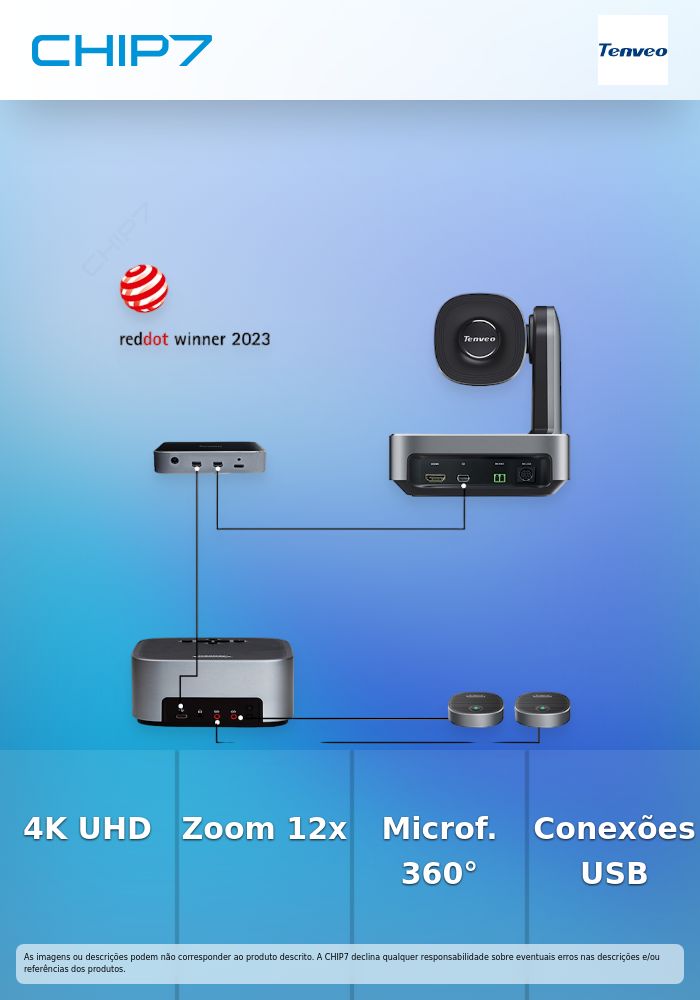 Sistema de VideoConferência TENVEO - Camara 4K / Zoom 12X Optico / AI tracking / 3 Microphones / HUB - VA612