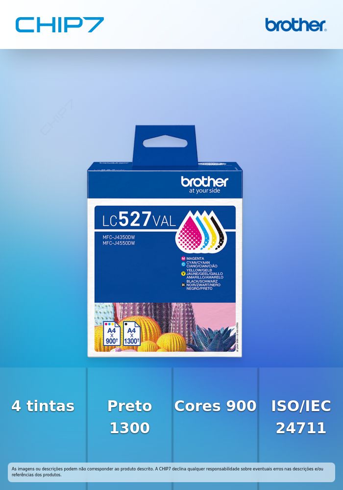 Pack de 4 tinteiros:  Preto, Cyan, Magenta e Amarelo (1 de cada cor), Duração aproximada: até 1.300 págs./preto e 900 págs./cada cor (segundo ISO/IEC 24711)