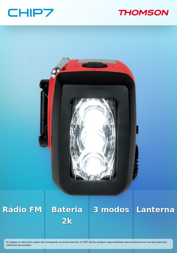 Rádio Emergência THOMSON AM/FM / Solar / Dinamo / Powerbank / Lanterna / USB-C / 2000mAh / Vermelho - RT260