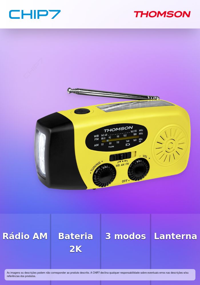 Rádio Emergência THOMSON AM/FM / Solar / Dinamo / Powerbank / Lanterna / USB-C / 2000mAh / Amarelo - RT260