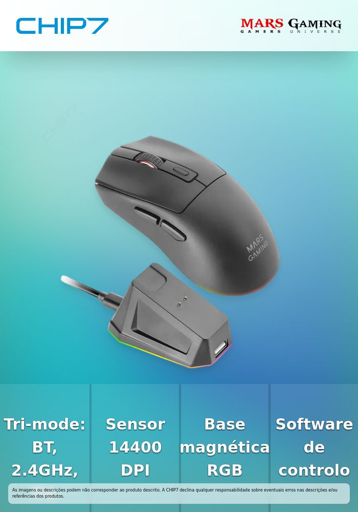 Rato Óptico Mars Gaming MM-T3 RGB Wireless/Bluetooth 14400DPI Preto + Mouse Dock