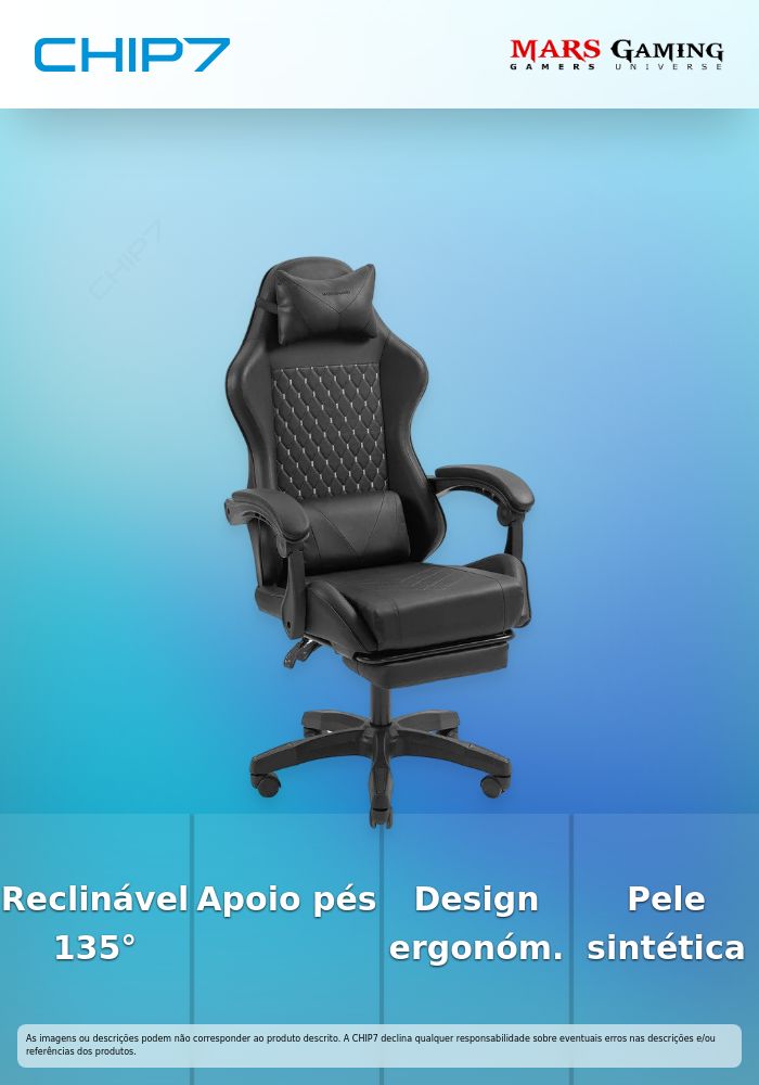 Mars Gaming MGC-X Cadeira Gaming Reclinável em Pele Sintética com Apoio para Pés e Suporte Lombar Preta