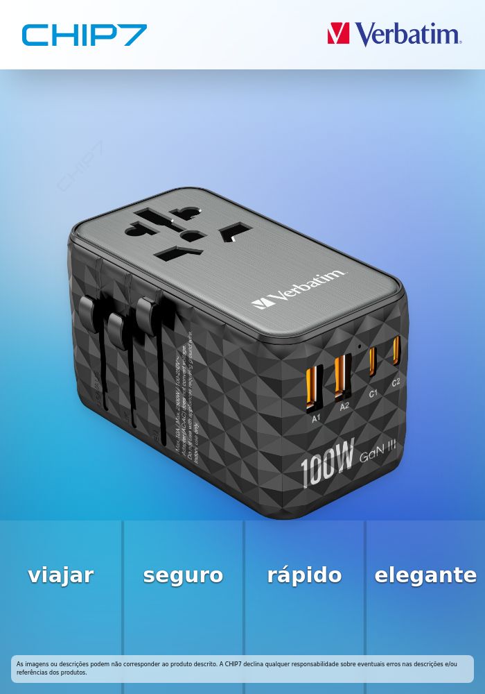 VERBATIM CARREGADOR ADAPT VIAGEM GANIII 2xUSB-C 2xUSB-A PD100W