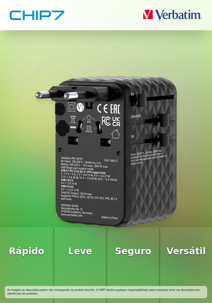 VERBATIM CARREGADOR ADAPT VIAGEM GANIII 2xUSB-C 2xUSB-A CABO RETRACT PD100W
