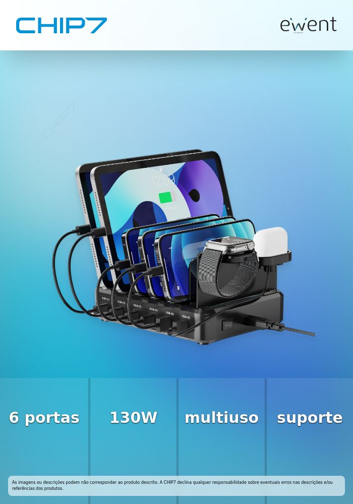Estação de Carregamento 6 portas USB, 130W para Portáteis, Tablets/Smartphones e suporte para SmartWatch e EarPhone