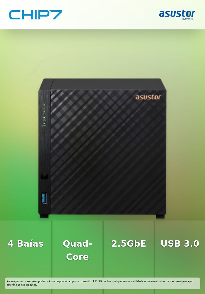Asustor Drivestor 4 Gen 2  AS1204T 4 Bay NAS, Quad-Core 1.7GHz CPU, 2.5GbE Port, 1GB DDR4, Three USB 3.0 (Diskless)