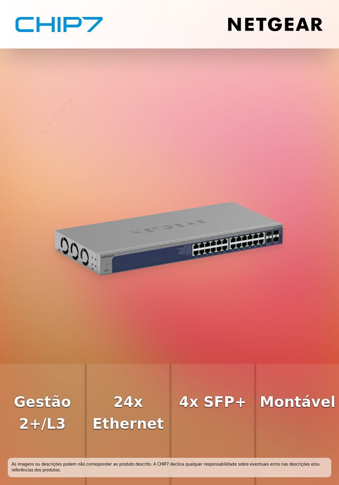 NETGEAR S3600 Series XS724TM - Interruptor - 2+/L3 Lite - inteligente - 24 x 10/25 Gigabit Ethernet + 4 x 1 Gigabit / 10 Gigabit SFP+ - desktop, montável em trilho