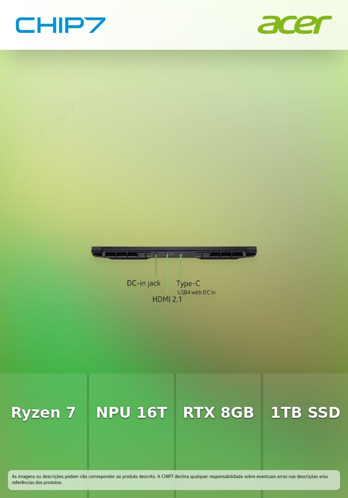 Portátil Gaming ACER - AMD Ryzen 7 260 / NPU 16 TOPS / RTX 5050 8GB / 16GB DDR5 / 1TB SSD / 16