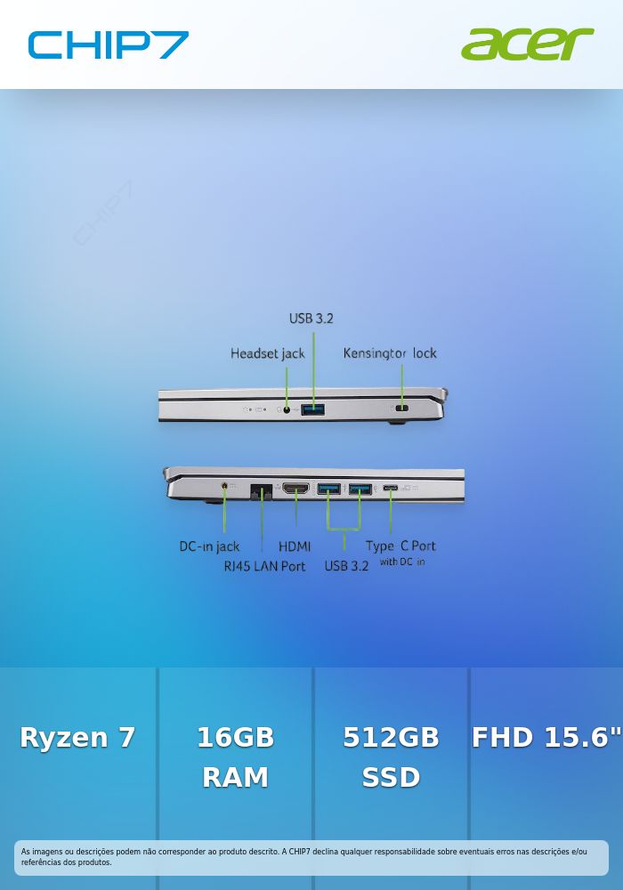 Portátil ACER - AMD Ryzen 7 5825U / 16GB RAM / 512GB SSD / 15.6