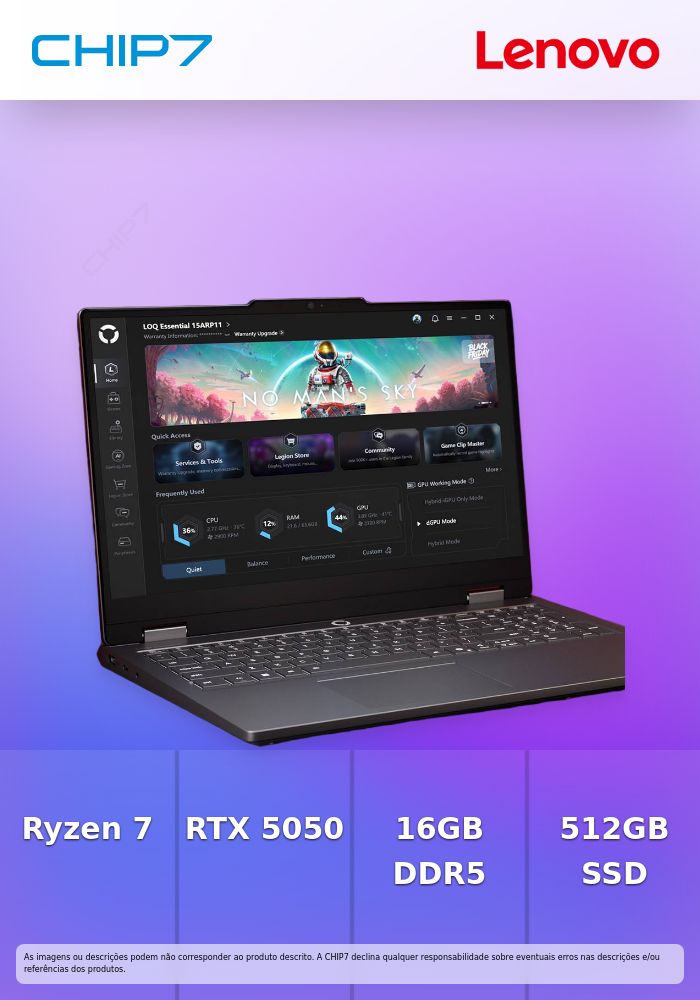 Portátil Lenovo - AMD Ryzen 7 170 / RTX 5050 8GB / 16GB DDR5 / 512GB SSD / 15.6'' 144Hz / S/SO - LOQ Essential 15ARP11-136