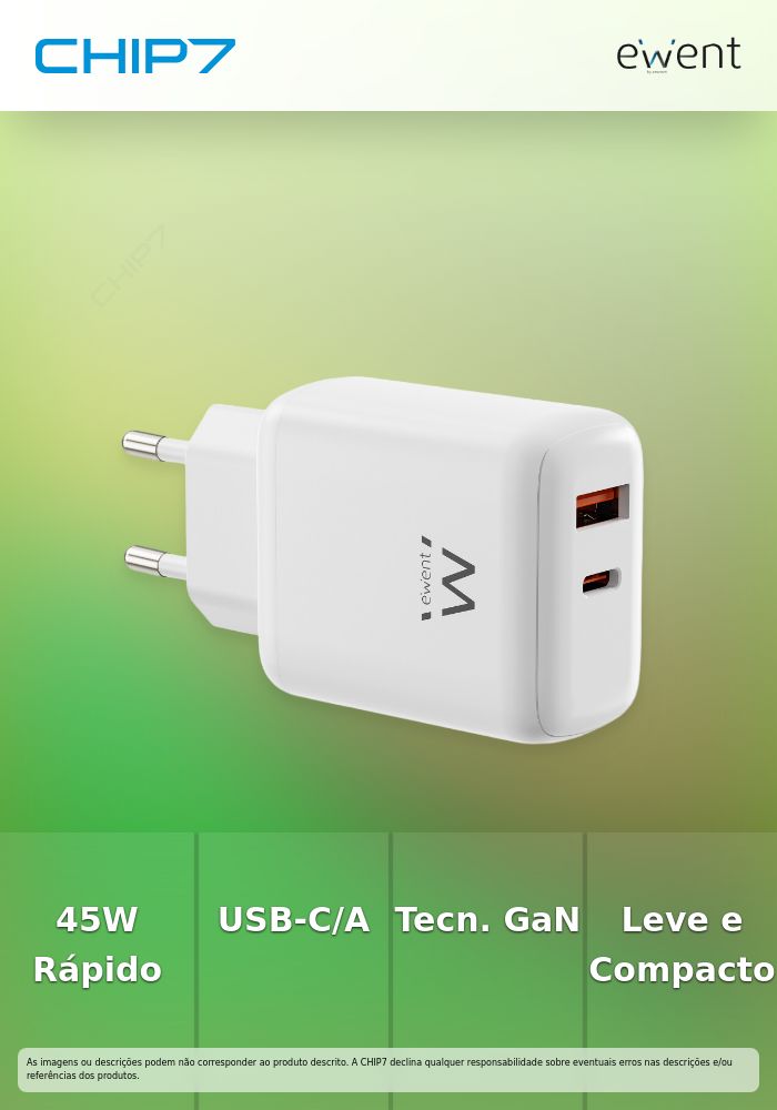 EWENT CARREGADOR GAN 1xUSB-C 1xUSB-A 45W BRANCO