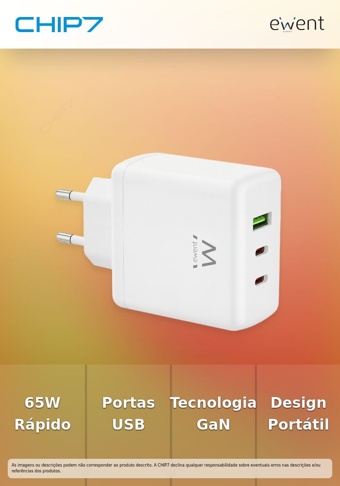 EWENT CARREGADOR GAN 2xUSB-C 1xUSB-A 65W BRANCO