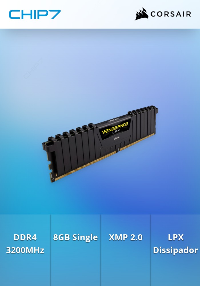 DDR4, 3200MHz 8GB 1x8GB Dimm, Unbuffered, Single Rank, 16-20-20-38, XMP 2.0, Vengeance LPX black Heatspreader, Black PCB, 1.35V