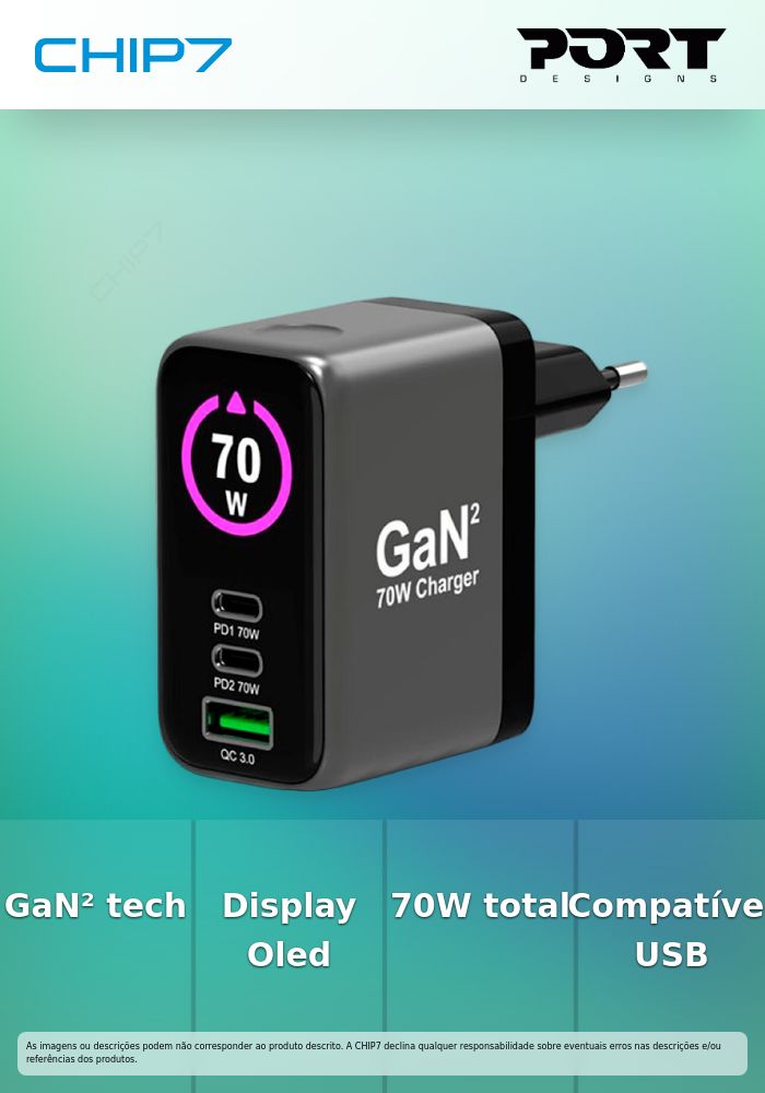 PORT CARREGADOR GAN 2xUSB-C 1xUSB-A 70W OLED DISPLAY INCLUI CABO 2MTS