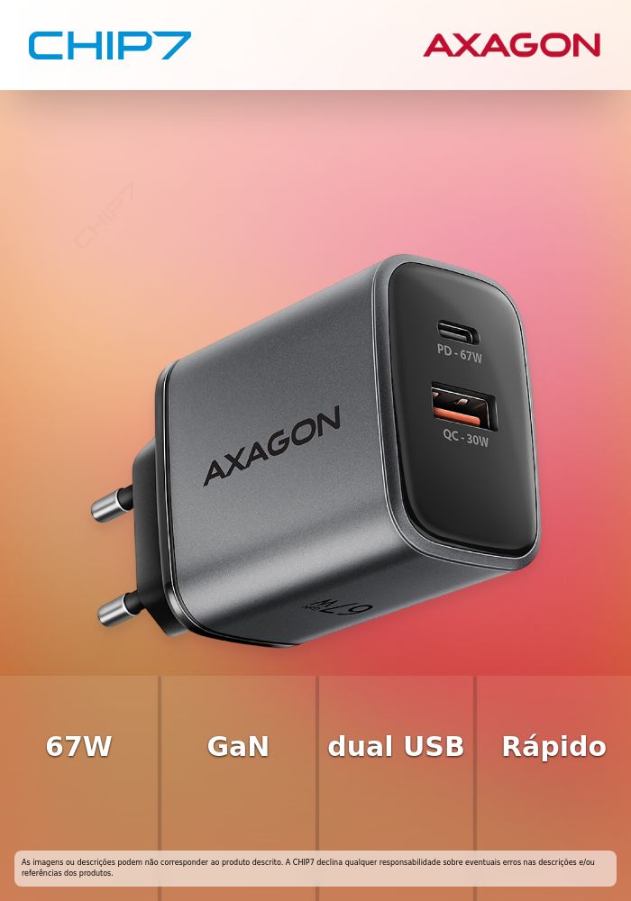 Carregador de Parede AXAGON ACU-PQ67 PD3.0 e QC4+ 2x OUTPUTS 67W