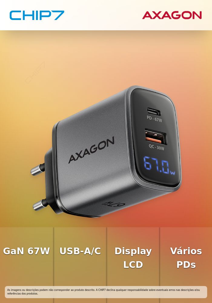 Carregador de Parede AXAGON ACU-PQ67 D PD3.0 & QC4+ 2x OUTPUTS Display LCD 67W