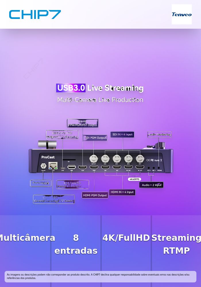Switcher de Vídeo Tenveo PC500 Multicâmara | HDMI/SDI, NDI, PTZ e Streaming (Entrada 4K)