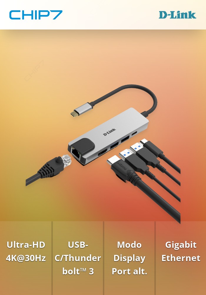 Dock Station Type-C 2 Portas USB3.0 + ThunderBolt 3 + RJ45 Multiport D-Link DUB-M520 60W Cinzento