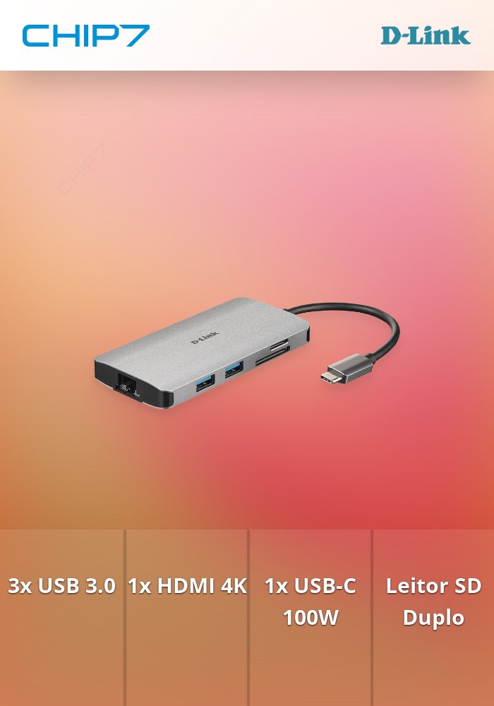Docking Station D-Link USB-C p/ 3 USB 3.0 + 1 HDMI + Leitor de Cartões (SD+MicroSD) + USB-C (até 100W)
