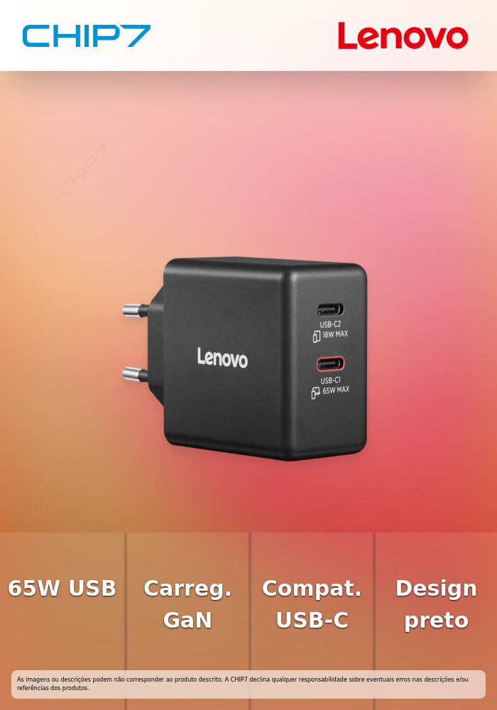 Carregador Lenovo 65W Charger USB-C Dual GaN Black