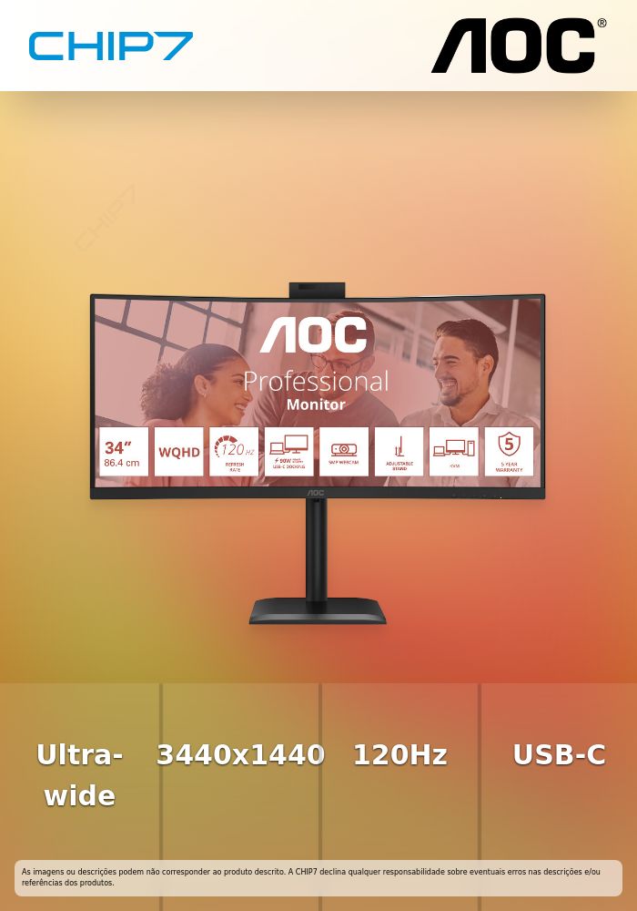 CU34E4CW ,34' 21:9 VA 120Hz 3440x1440 HAS 180mm   HDMI x 2x 2.1 TMDS DP x 1x 1.4 1 x USB-C1 (DP1.2 Alt Mode, data, USB3.2 Gen 1, 5Gbit/s, PD90W), 1 x USB-C2 (USB3.2 Gen 1, 5Gbit/s, data only)