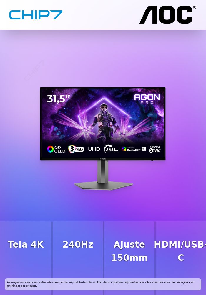 AG326UZD2 ,31,5' 16:9 QD-OLED 240Hz 3840x2160 HAS 150mm   HDMI x 2x 2.1 DP x 1x 2.1 USB-C 3.2 Gen2 (HBR3) 