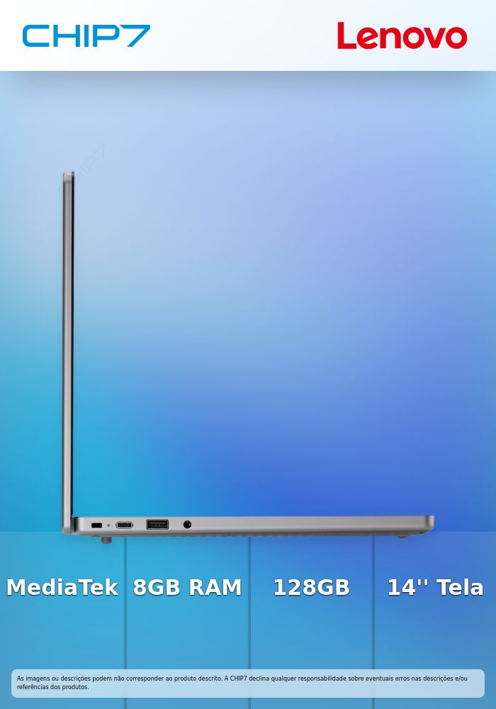 Chromebook Lenovo 14M8911-692 - MediaTek Kompanio 540 / 8GB DDR5 / 128GB UFS  / 14'' / Chrome OS / 3Y Garantia / Cinza