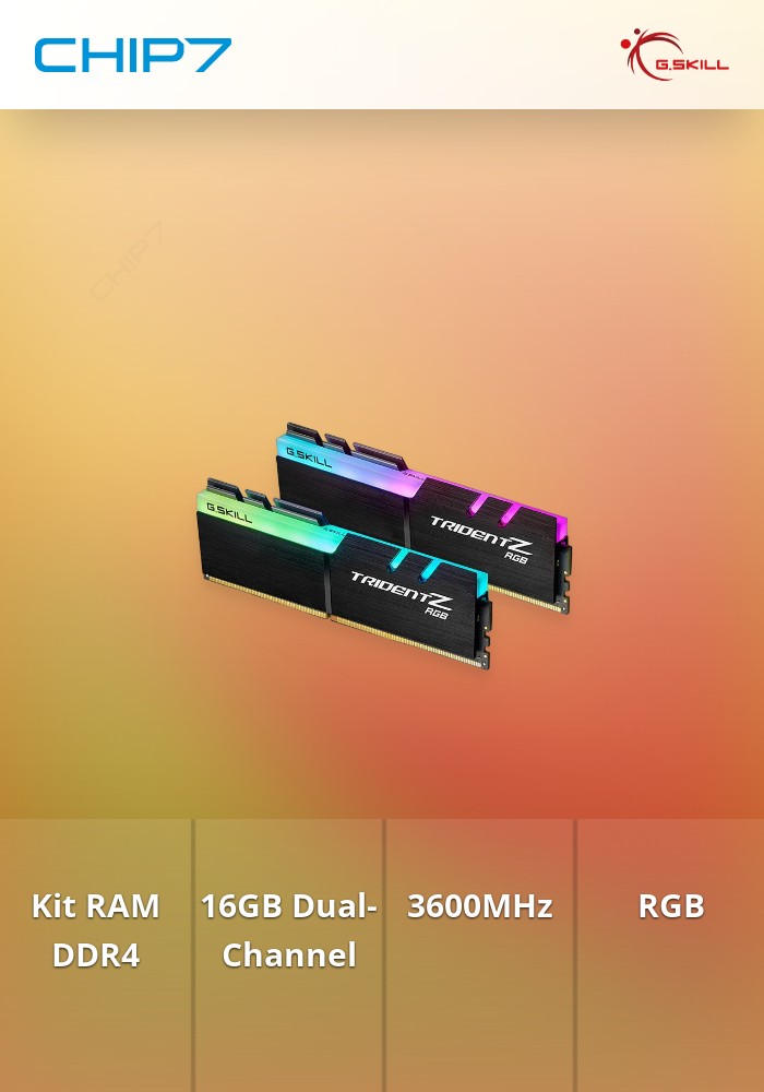 Pack 2x 8GB (16GB) DDR4 G.Skill CL18 3600Mhz Trident Z RGB