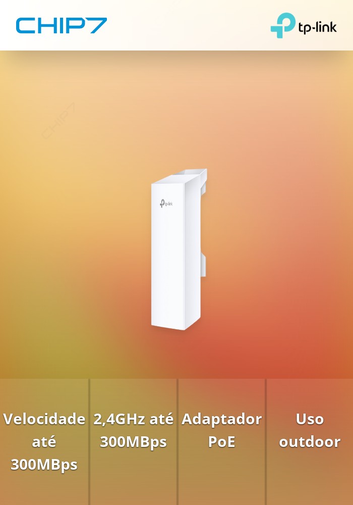 Access Point Outdoor Wireless N300Mbps 2,4GHz TP-Link CPE210. Antenas bi-polarizadas de 9dBi. Permite gestão centralizada.