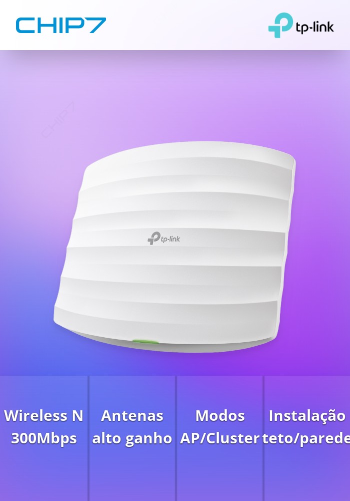 AP para tecto Wireless N 300Mbps -TP-Link EAP115. LAN 10/100Mbps. Inclui KIT de assemblagem para tecto ou parede. PoE