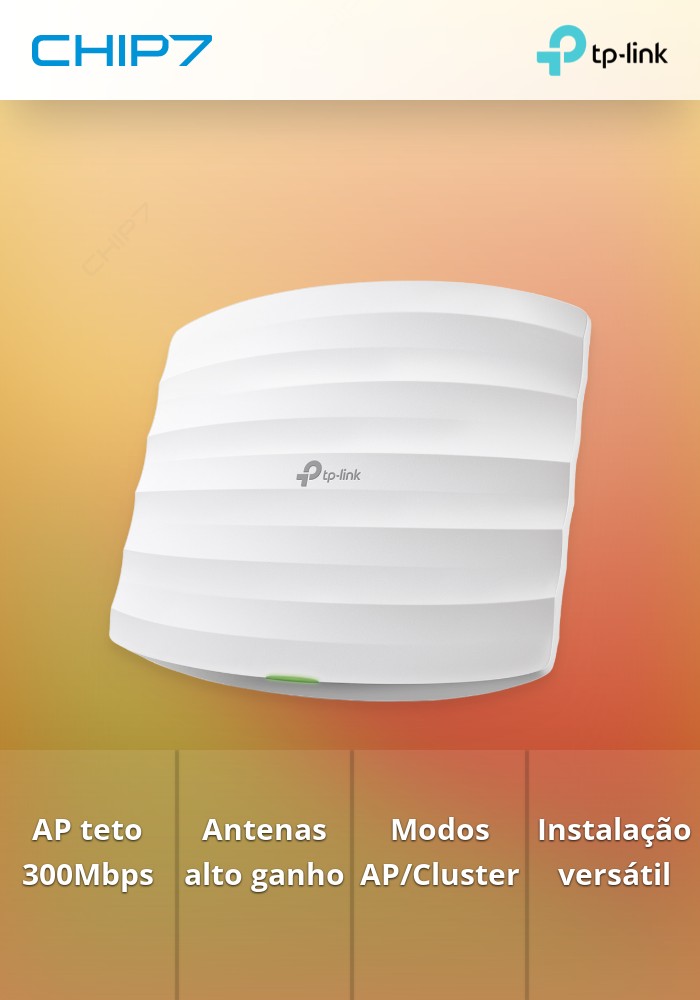 AP para tecto Wireless N 300Mbps -TP-Link EAP110. LAN 10/100Mbps. Inclui KIT de assemblagem para tecto ou parede. PoE passivo.