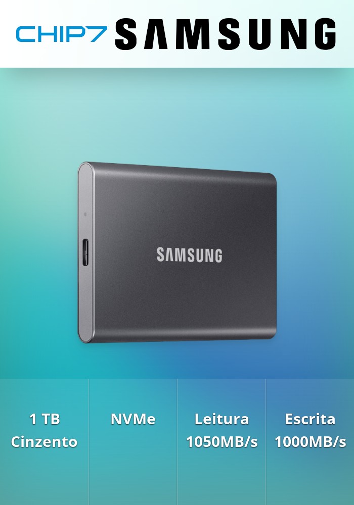 SSD Externo Samsung T7 1TB USB3.2 Gen2 Preto (1050/1000MB/s) | CHIP7