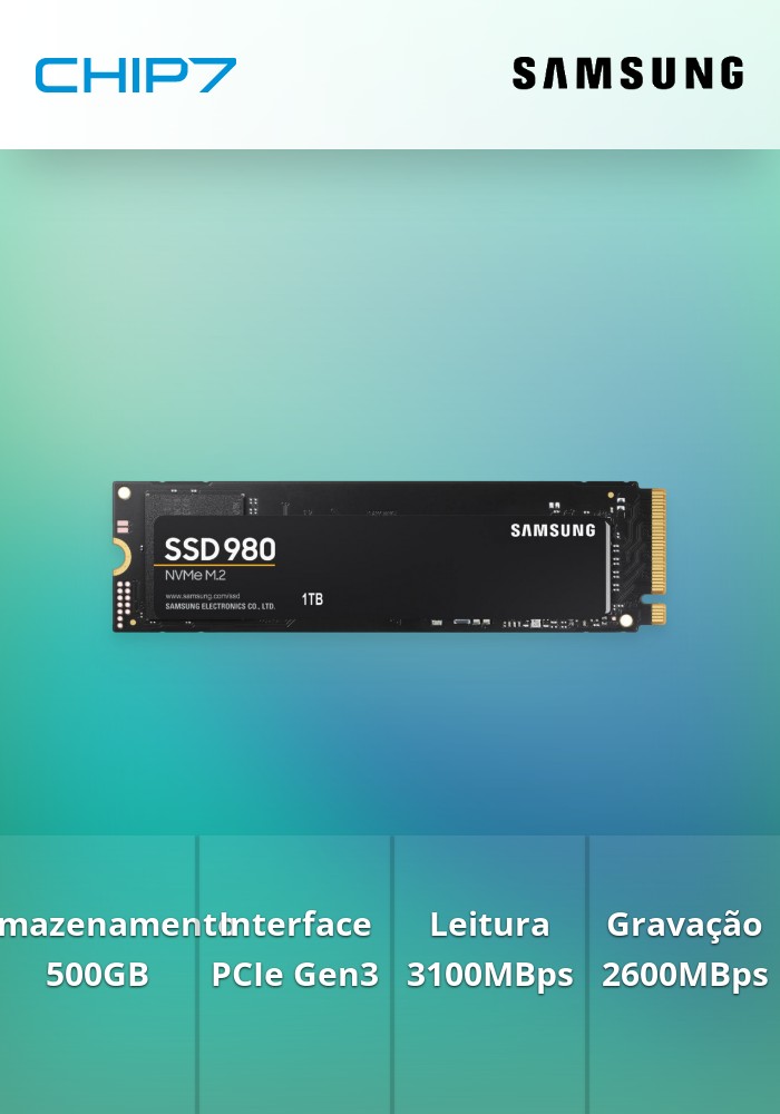 DISCO SSD M.2 PCIe X4 SAMSUNG 980 - MZ-V8V500. Capacidade de 500GB, velocidades até 3100/2600MBps.