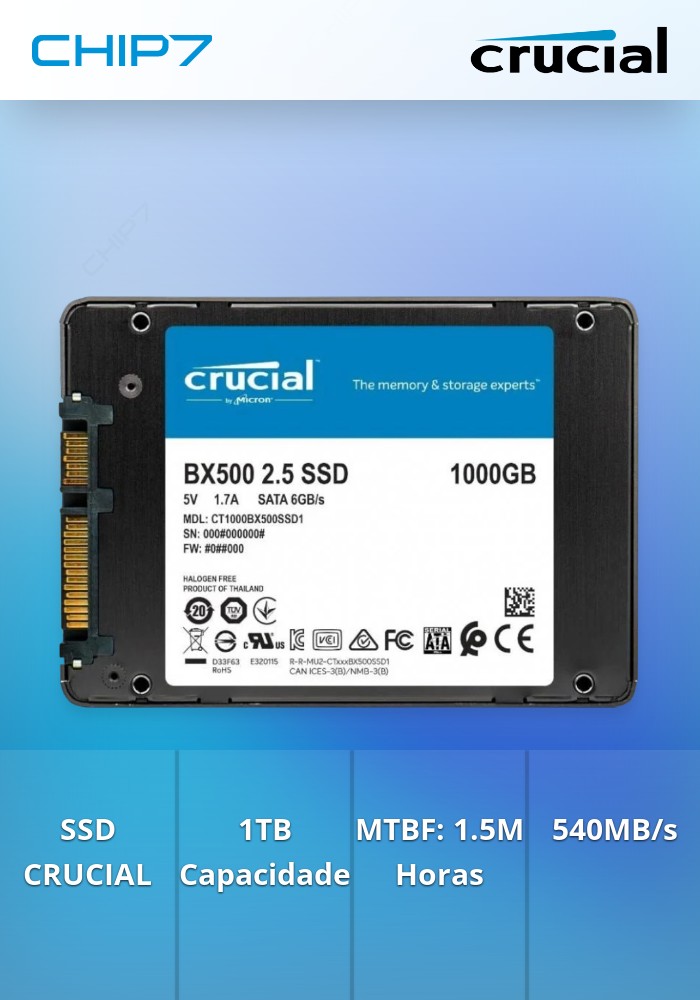 DISCO SSD 2.5P CRUCIAL BX500 1TB SATA3, 540/500MB/S 3D TLC | CHIP7