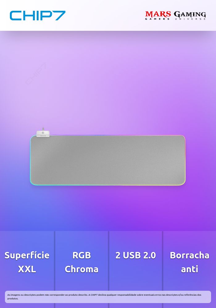 Tapete Rato MARS GAMING MMPRGB2 XXL, 2XUSB2.0 HUB, RGB CHROMA, 800X300X4MM, SILVER