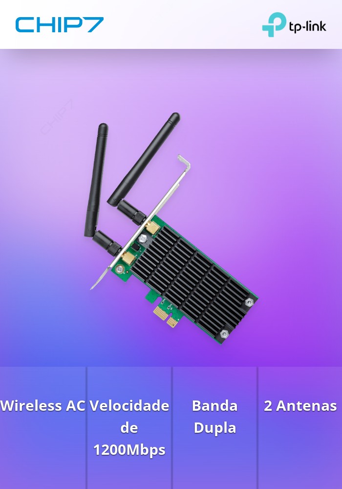 Placa de rede PCIe Wireless AC 1200Mbps - TP-Link ARCHER T4E. Funcionamento a 2,4 ou 5 GHz. 2 antenas destacáveis.