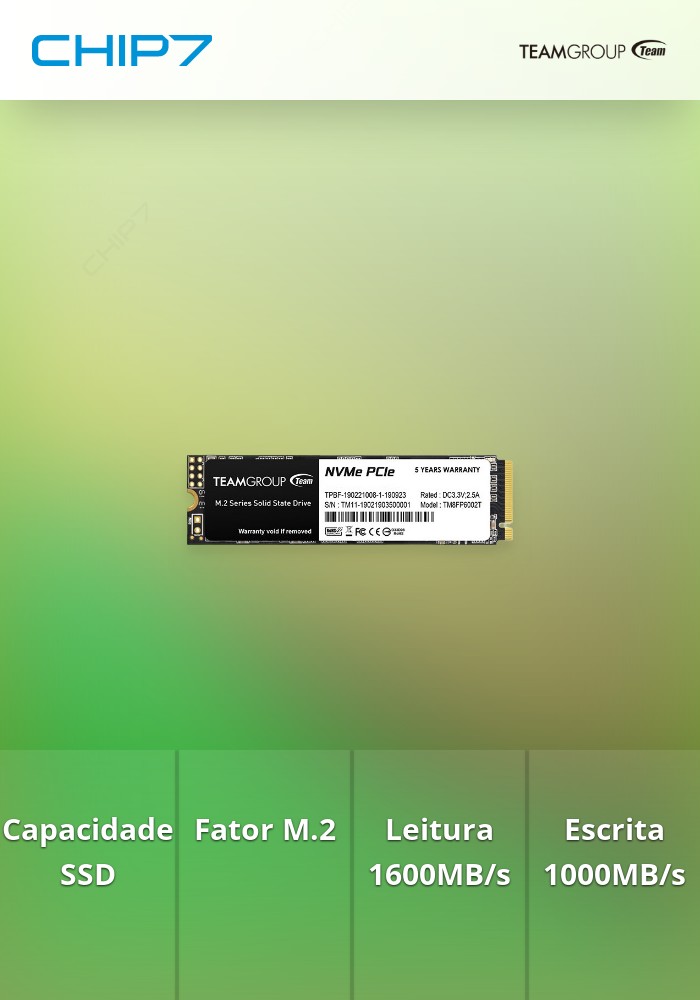Disco SSD M.2 PCIe NVMe Team Group 256GB MP33-1600R/1000W-160/200K IOPS