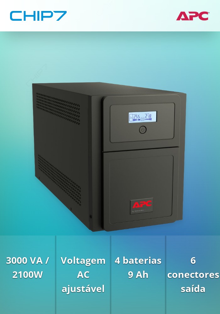 APC Easy UPS SMV SMV3000CAI - UPS - AC 220/230/240 V - 2100 Watt - 3000 VA - 4 bateria x - 9 Ah - RS-232, USB - conectores de saída: 6