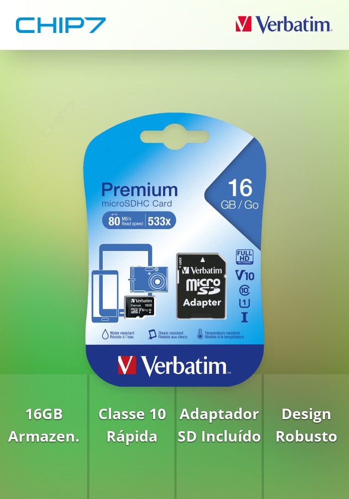 VERBATIM MICRO SDHC 16GB CLASS 10 C/ADAPTADOR
