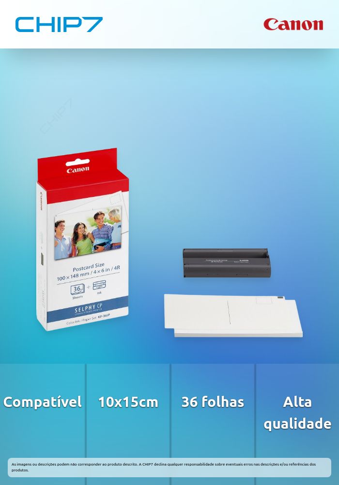Papel formato 10x15cm + tinteiro para CP-100 / 200 / 300 / 600, contém 36 folhas