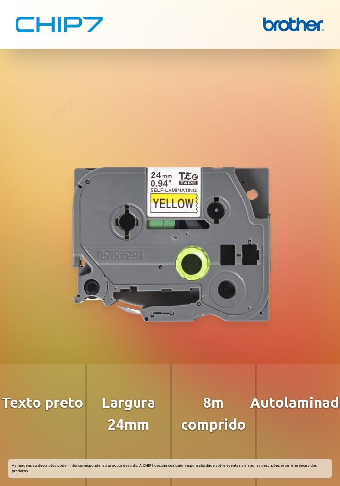 Fita autolaminada - Texto preto sobre fundo amarelo, Largura: 24 mm, Comprimento: 8m