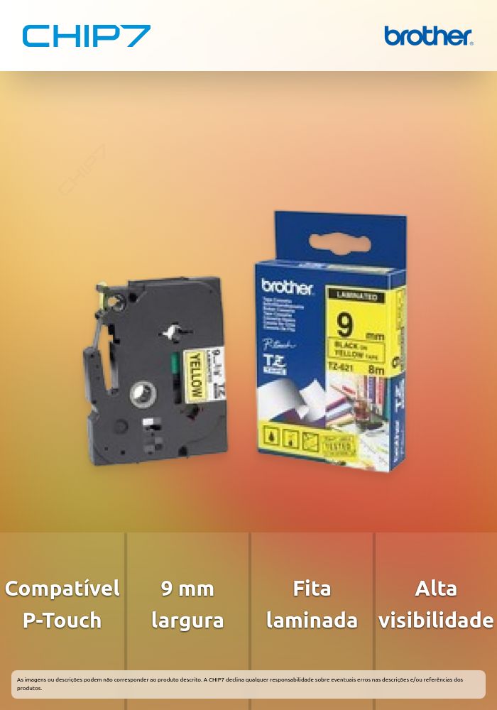 Fita Laminada de 9 mm - Amarelo / Preto, para P-Touch