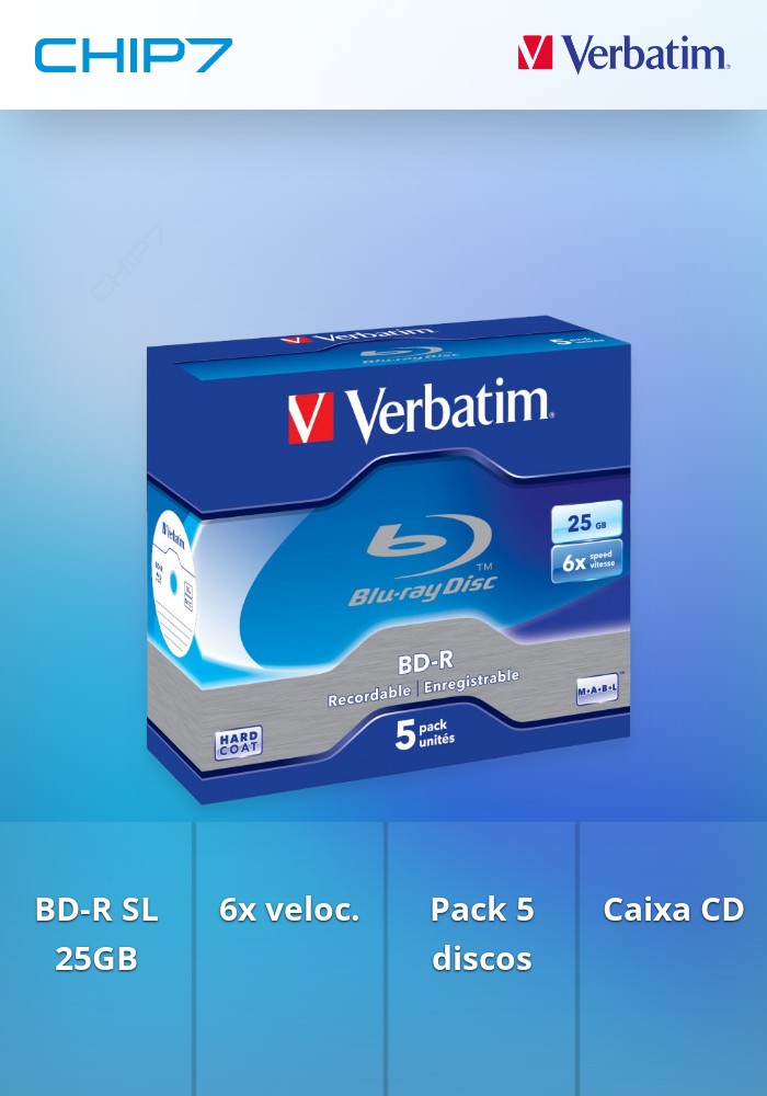 VERBATIM BLU-RAY BD-R SINGLE LAYER 25GB PACK 5 UNIDS WHITE/BLUE