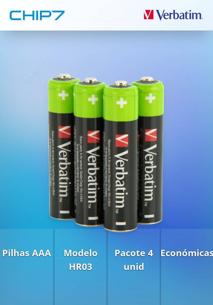 VERBATIM PILHAS AAA HR03 RECARREGAVEIS 4 UNIDS