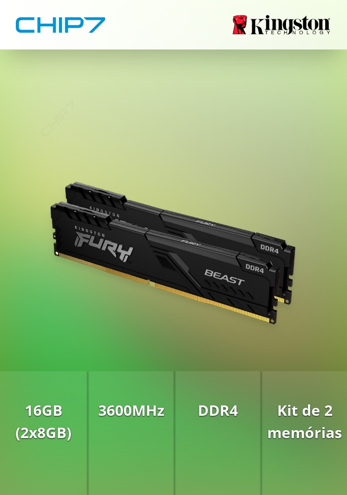 Kingston Kit 16GB (2 x 8GB) DDR4 3600MHz FURY Beast Preto 1