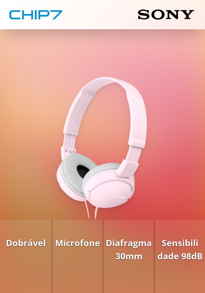 MDR-ZX110APP - Auscultador dobrável com microfone, Unidade de diafragma 30 mm, Sensibilidade: 98dB/mW, Impedância: 24 ohm (1KHz), Resposta de Frequência: 12-22,000Hz, Cor: Rosa